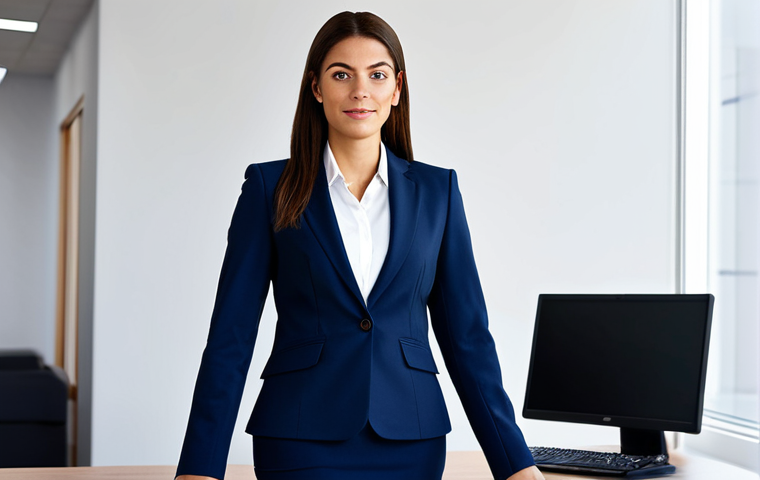 **

"A professional female accountant in a modest, dark-blue business suit, standing confidently in a modern office environment. The office includes a clean desk, computer, and soft, natural lighting. Fully clothed, appropriate attire, safe for work, perfect anatomy, natural proportions, professional photography, high quality, modest."

**